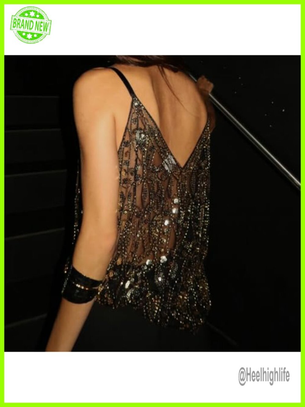 Rhinestone Embellished Sleeveless Tank Top Deep V Neck Open Back Y2K Clubwear - Picture 3 of 3